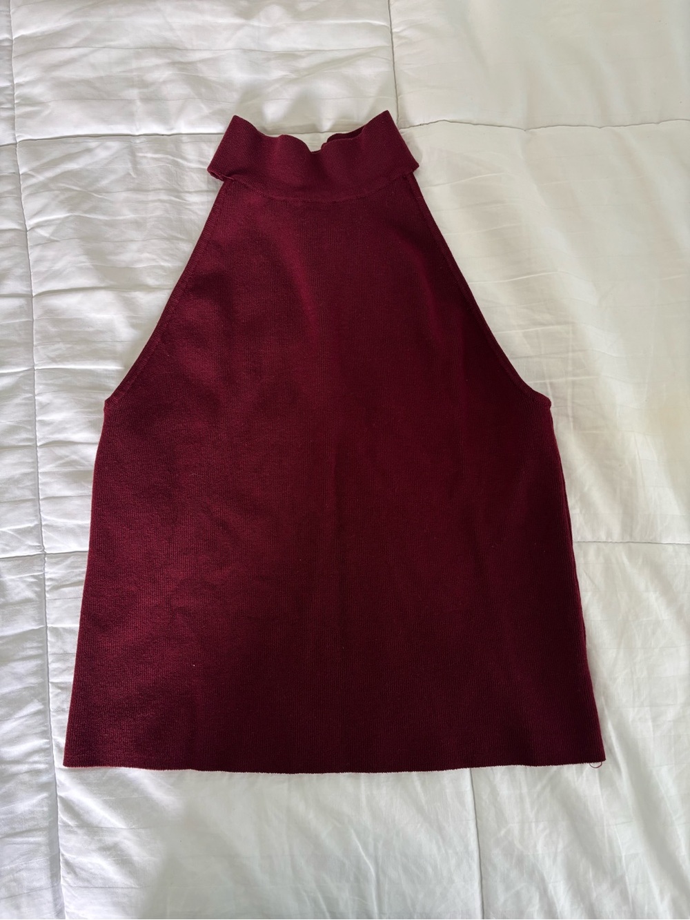 Burgundy High Neck Sleeveless Knit Tank, Crossover Back